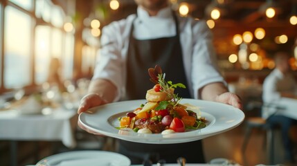Obraz na płótnie Canvas Culinary Creativity: A professional chef in his late 30s, presenting a beautifully plated gourmet dish in a fine dining restaurant, with artistic garnishes and sauces