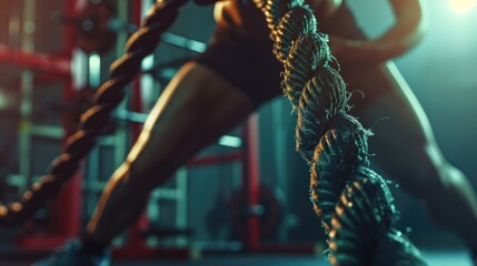 A woman is exercising with a rope in a gym. Great for fitness and workout concepts - obrazy, fototapety, plakaty