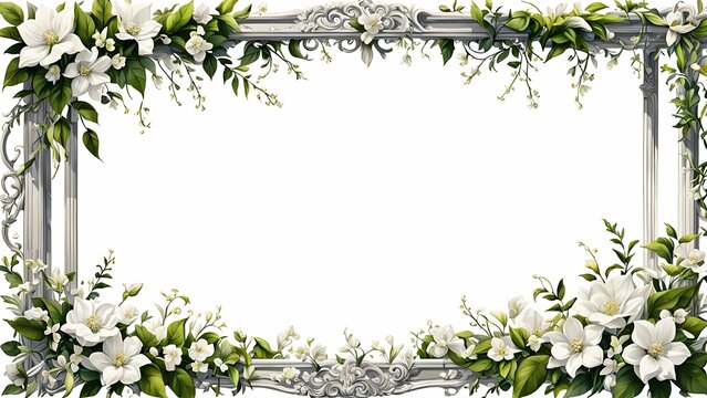 Illustration of a frame with white flowers and green leaves on a white background