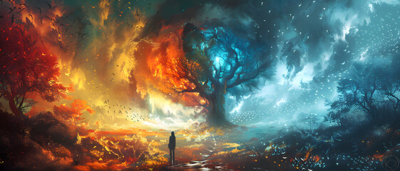 A stunning representation of contrasts within a mythical landscape, featuring a fiery sky and a serene side of ice