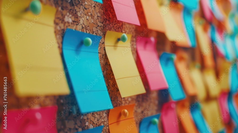 Poster a cork board covered in colorful post it notes, great for organizing ideas and reminders