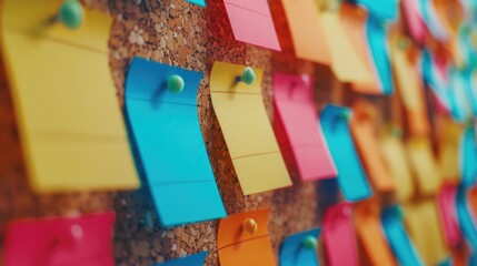 A cork board covered in colorful post it notes, great for organizing ideas and reminders - obrazy, fototapety, plakaty