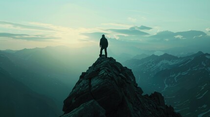 A person standing on the peak of a mountain. Suitable for adventure and success concepts - obrazy, fototapety, plakaty