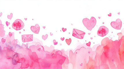 Whimsical Watercolor Hearts and Envelopes in Shades of Pink - obrazy, fototapety, plakaty