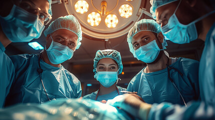 A team of surgeons, wearing scrubs, surgical masks, and caps, is gathered intently over a patient. They work under the bright lights of an operating theater, cooperating quietly during a critical stag - obrazy, fototapety, plakaty