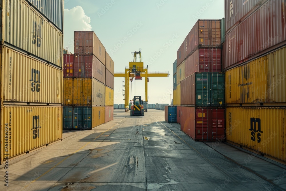 Aufkleber a forklift in action at a container yard. suitable for logistics and transportation concepts