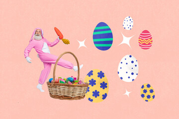 Creative poster collage of funny old man pink rabbit costume rabbit collect eggs basket easter concept billboard comics zine minimal
