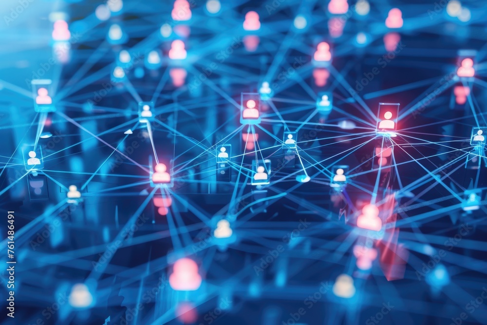 Poster illustration of a group of people connected by lines and dots. suitable for business and technology 