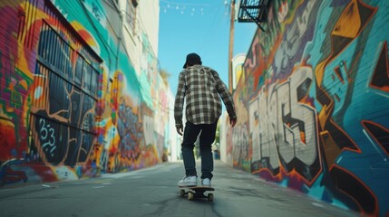 Obraz premium Urban Exploration: A young man in his late 20s, skateboarding through a vibrant city neighborhood, with colorful graffiti and murals adorning the walls of buildings along the street