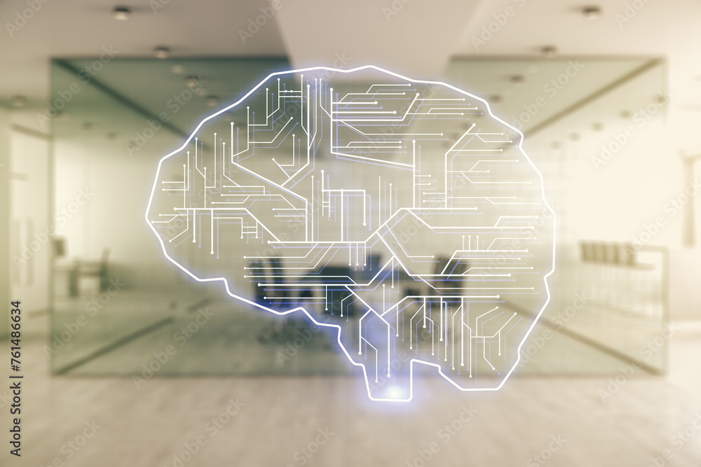 Aufkleber Double exposure of creative artificial Intelligence interface on modern corporate office background. Neural networks and machine learning concept