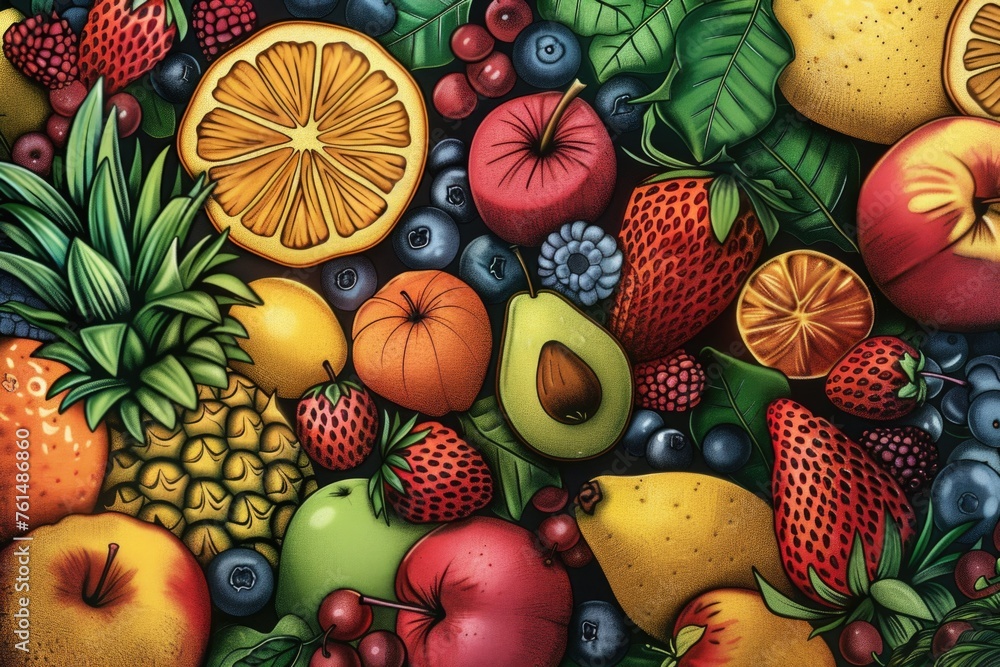 Poster assorted fruits displayed on a table, suitable for food and nutrition concepts