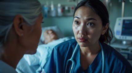 Fototapeta premium Healthcare and Wellness: A caring nurse in her mid-30s, providing medical care and support to an elderly patient in a hospital room, checking vital signs and offering reassurance