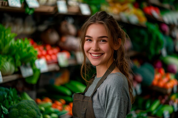 Fresh Harvest Display: Caucasian young Woman Seller Grins Happily in Vegetable supermarket, Store, Apron Adorning Her, Backdrop of Colorful Produce