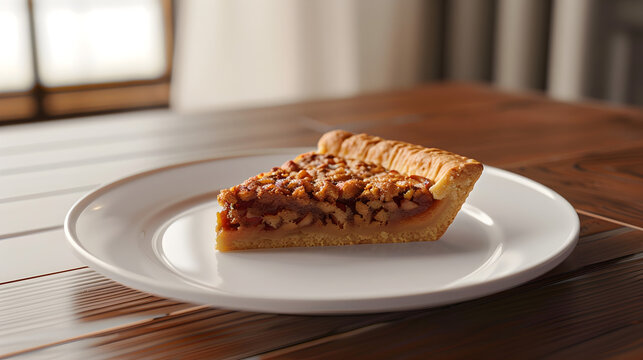 Gourmet pecan pie slice on wooden table