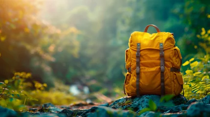 Foto op Aluminium Adventure in Nature: Yellow Backpack Alone on Forest Path, Woodland Trail ready for Exploration, with Blurry Background and Copy Space. Summer Vacation concept. © padnob