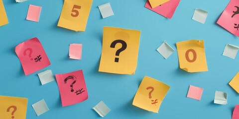 Colorful sticky notes with question marks, perfect for brainstorming sessions and problem-solving concepts