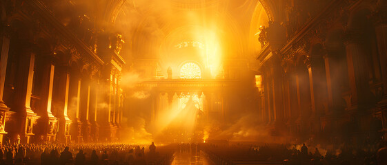 A grand cathedral with hundreds of onlookers bathed in dramatic, piercing light, possibly symbolizing revelation or divine presence