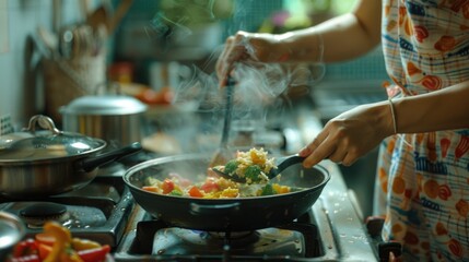 A woman cooking vegetables in a wok on a stove. Suitable for culinary and cooking concepts
