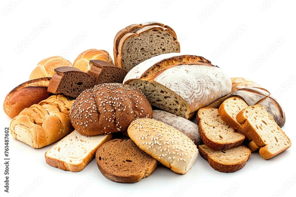 Poster assorted breads and rolls on a clean white background. perfect for bakery or food-related projects