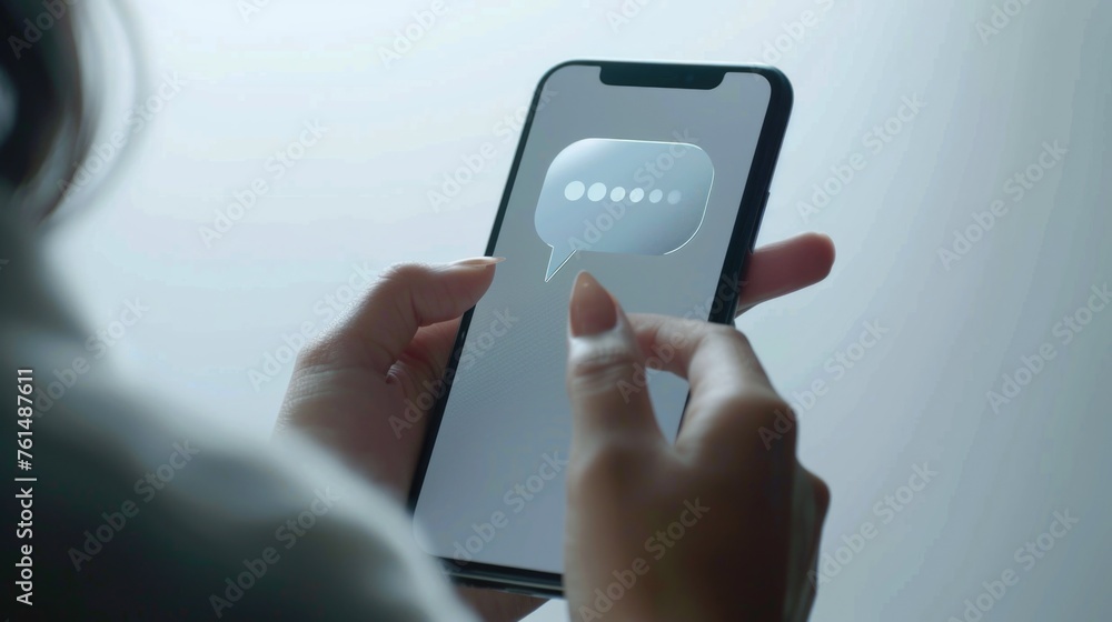 Poster a person holding a cell phone with a speech bubble on the screen. great for communication concepts