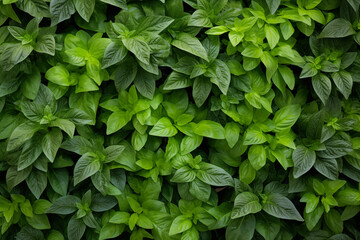Fototapeta na wymiar A lush herb wall of dark green living tapestry as a natural background with an array of thyme cascading down in verdant waves of foliage