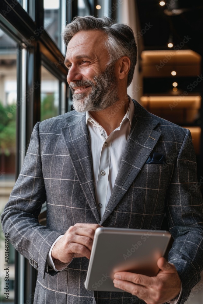 Aufkleber A man in a suit holding a tablet computer. Suitable for business and technology concepts