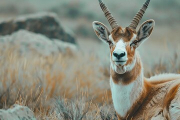 An antelope relaxing in a field of tall grass, suitable for nature and wildlife concepts