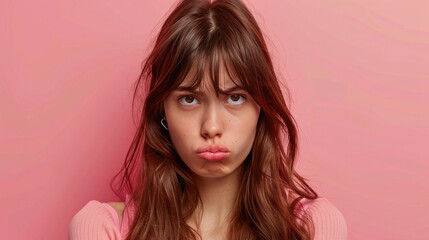 Upset dissatisfied young girl purses lips with discontent, looks directly at camera, feels unhappy, being stressed by bad attitude of groupmates or colleagues, isolated over pink background. - obrazy, fototapety, plakaty