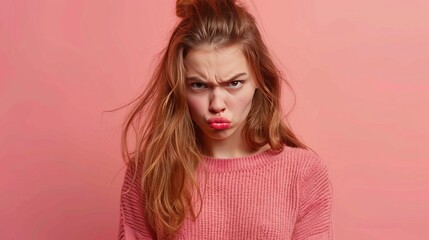 Upset dissatisfied young girl purses lips with discontent, looks directly at camera, feels unhappy, being stressed by bad attitude of groupmates or colleagues, isolated over pink background. - obrazy, fototapety, plakaty