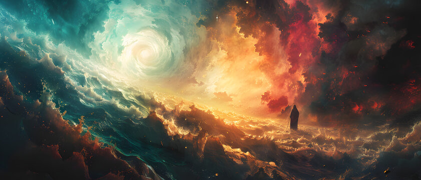 A stunning visual of a cosmic swirl of colors over tumultuous waters, suggesting an imminent transformation or revelation