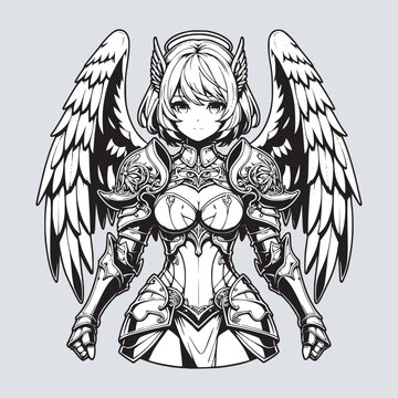 arc angel female warrior full armor with wings anime art style vector illustration