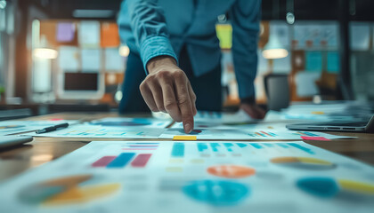 A man is pointing at a table with a lot of papers and graphs