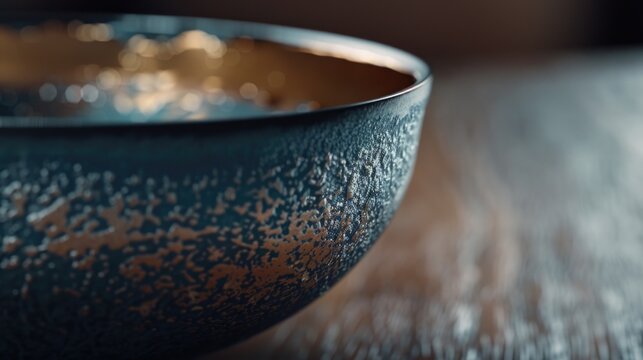 A blue bowl on a wooden table. Perfect for kitchen and dining room themes