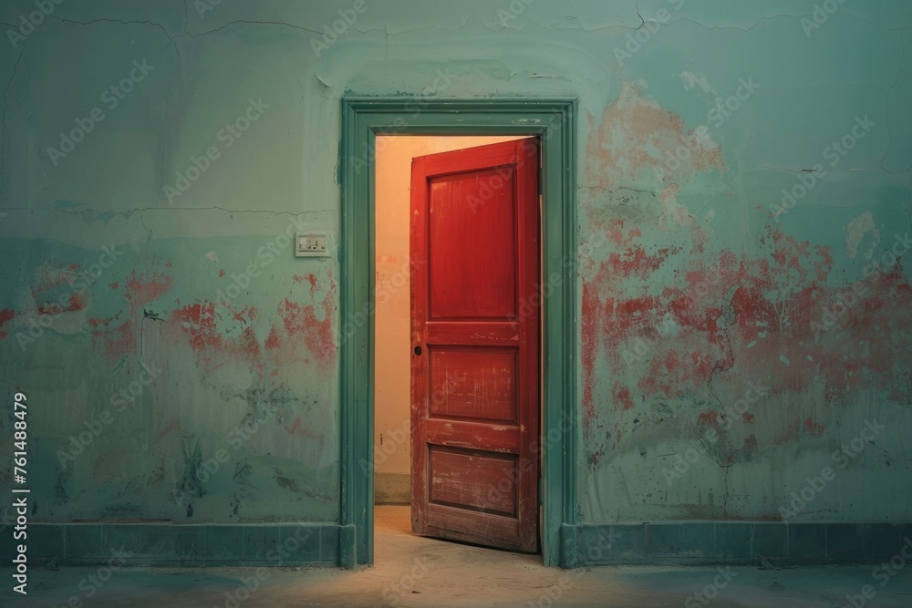Poster a run-down building with an open doorway, suitable for urban exploration themes
