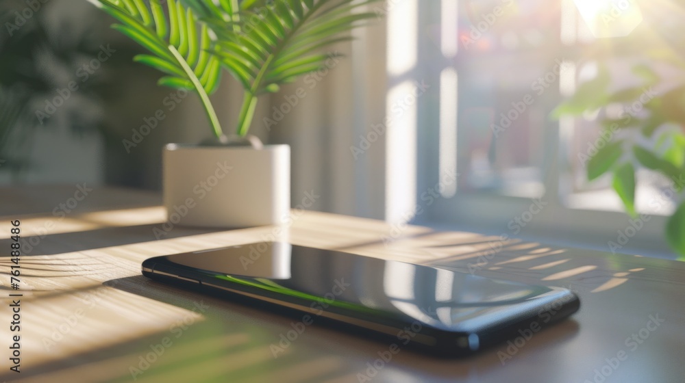 Poster a modern cell phone resting on a rustic wooden table, suitable for technology or business concepts