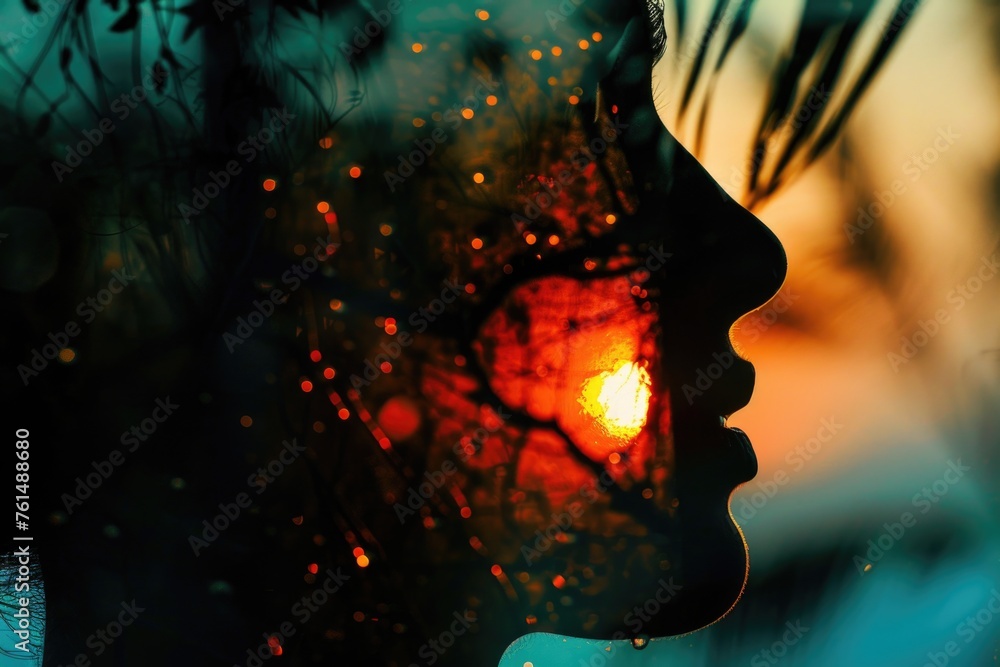 Poster a woman's face with a beautiful sunset in the background. suitable for various design projects