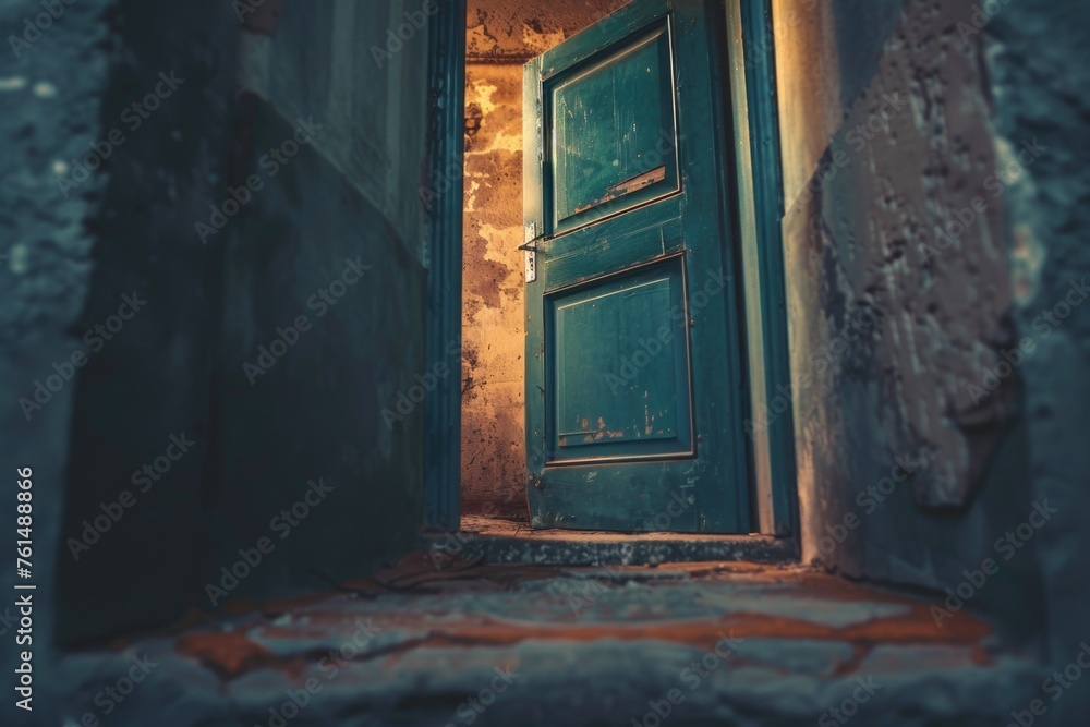 Poster a green door is open in an old building. suitable for architectural designs