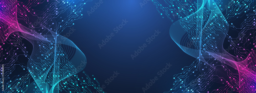 Fototapete Quantum technologies concept. Deep learning artificial intelligence. Circuit board texture background design. Big data algorithms visualization. Neural networks illustration.