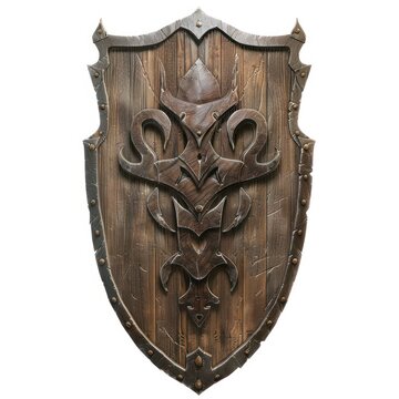 classic wooden shield for game assets, white background