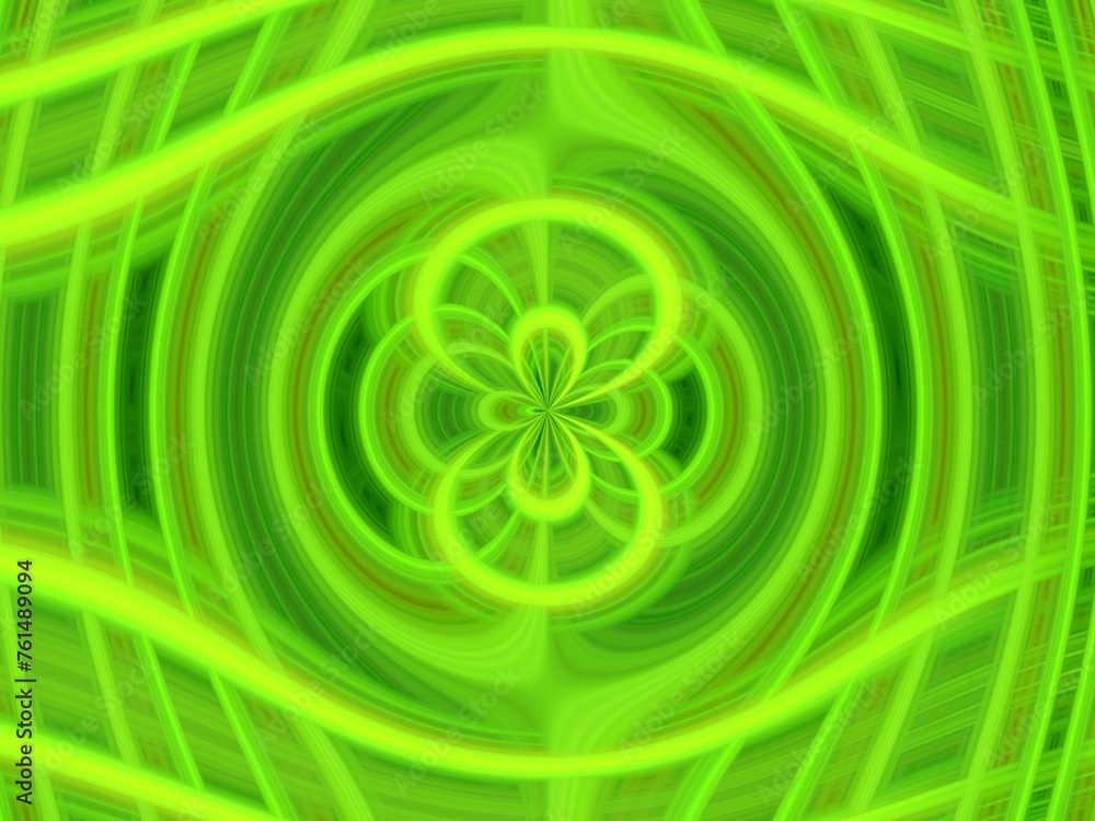 Poster green background with effect of convex, depth, space, rays, waves, asymmetrical patterns and movemen
