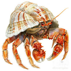Detailed watercolor painting of a hermit crab with vibrant shell and texture.