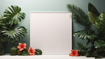 Blank picture frame with tropical plants. light green background. Mock up for design.