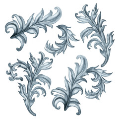 Watercolor abstract gray monochrome plant pattern and drawing of branch with leaves for borders, frames, background, textiles, fabrics, cards, souvenirs, packaging, scrapbooking, invitations, greeting