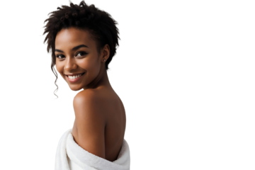 Beautiful young black woman with a towel posing on a transparent background. isolated, transparent background, no background. PNG.