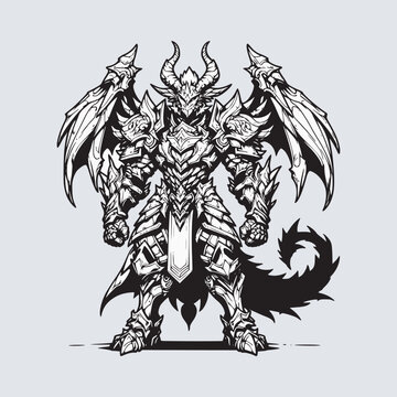 warrior fantasy wearing full set dragon armor drawing art style black and white vector illustration