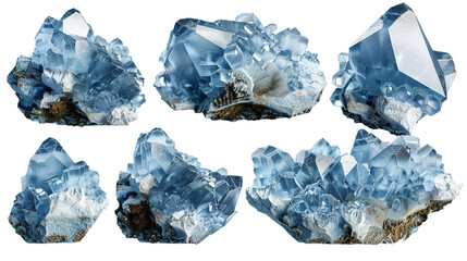 Celestite Collection: Heavenly 3D Digital Art of Blue Gemstone. Spiritual Crystal Set for Meditation and Healing Energy, Isolated on Transparent Background.