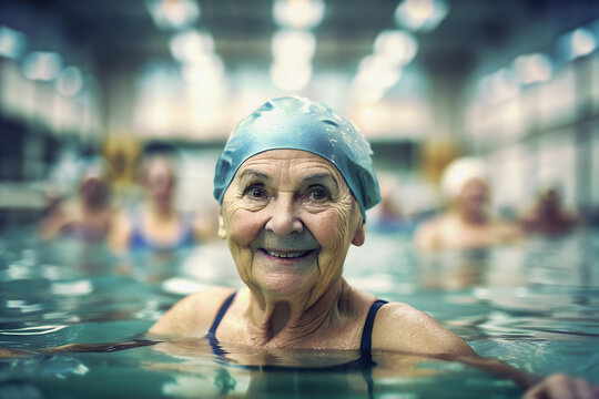 Primer plano de una mujer mayor haciendo aquagym. Mujer mayor haciendo ejercicio en una piscina. Concepto vida sana y personas mayores.