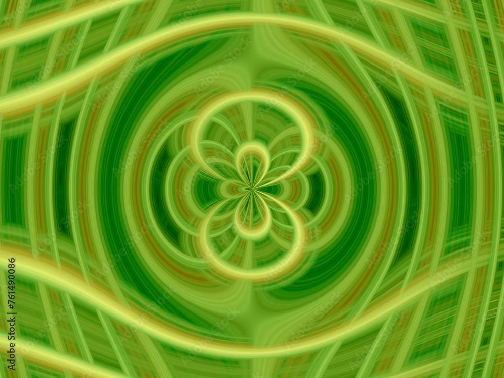 Poster green and yellow background with effect of convex, depth, space, rays, waves, asymmetrical patterns 