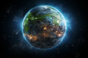 Fototapeta na wymiar Planet Earth with green forests and blue oceans visible from space.