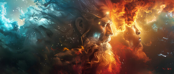 A mesmerizing composite of a face with elements representing a cosmic battle between fire and ice